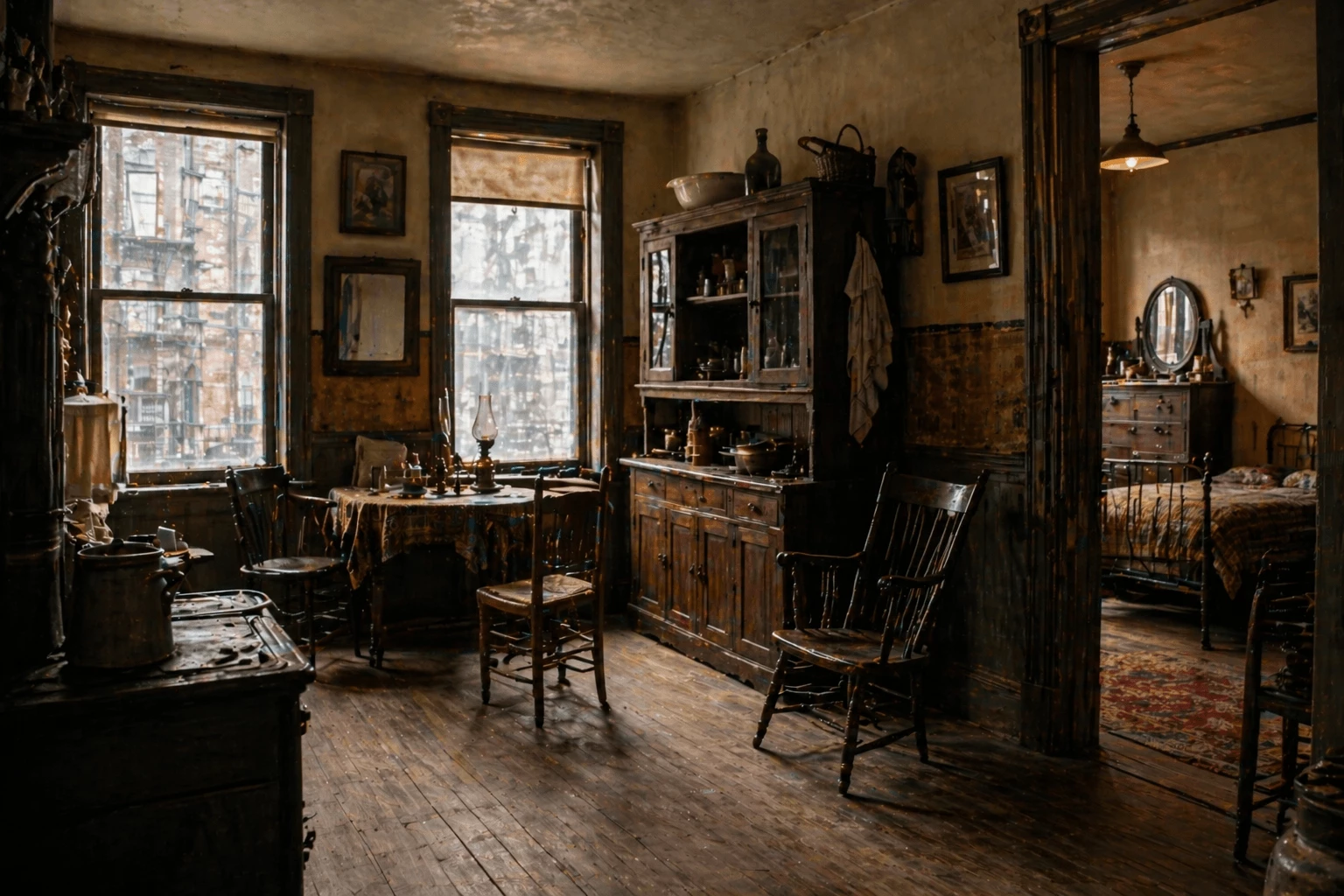 Image d'un intérieur de maison New-Yorkaise du 18ème siècle générée par IA pour illustrer l’article sur les villes mémoires