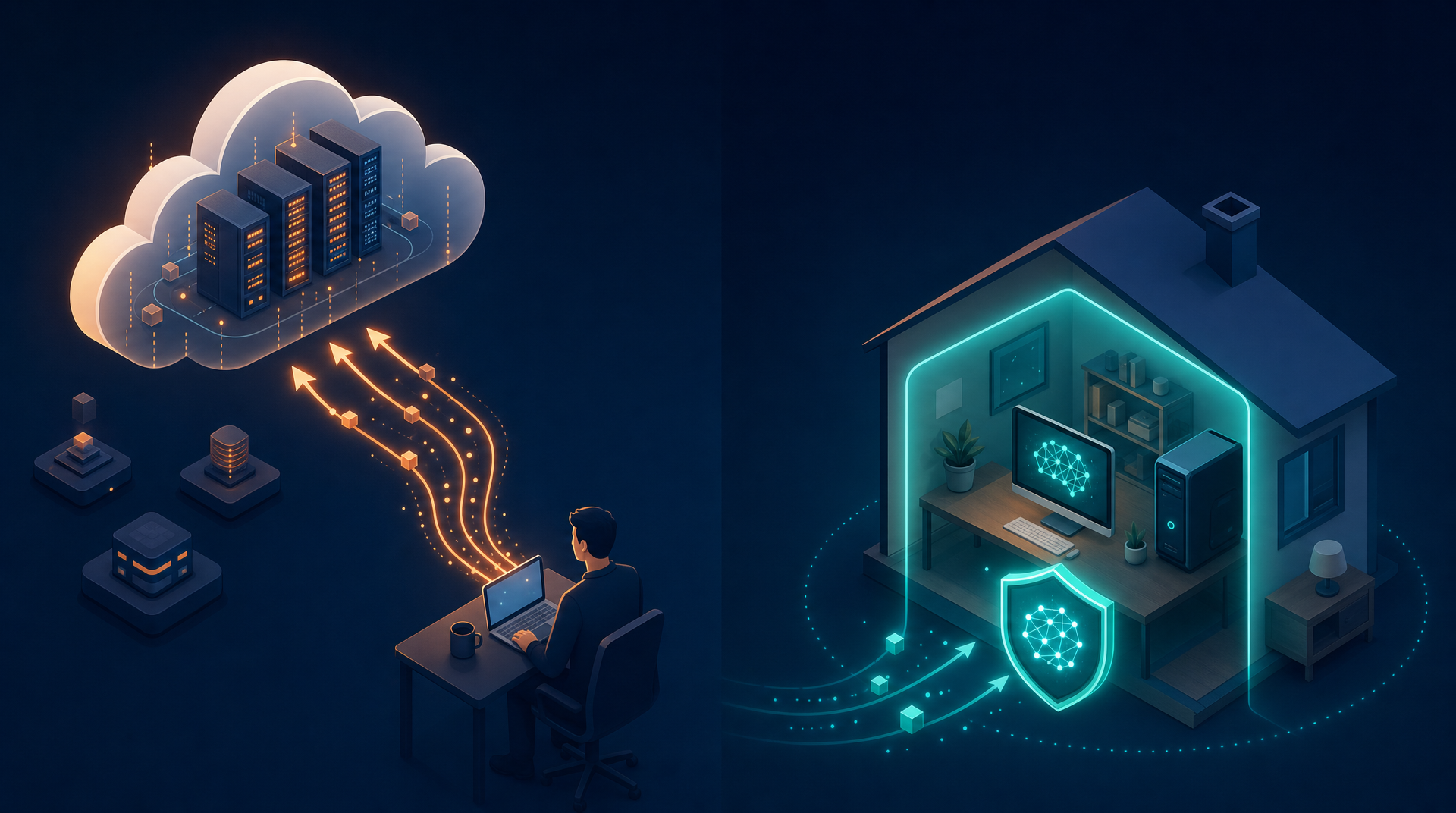 Schema comparant l'IA dans le cloud qui envoie les donnees vers un datacenter et l'IA en local qui garde les donnees sur le poste