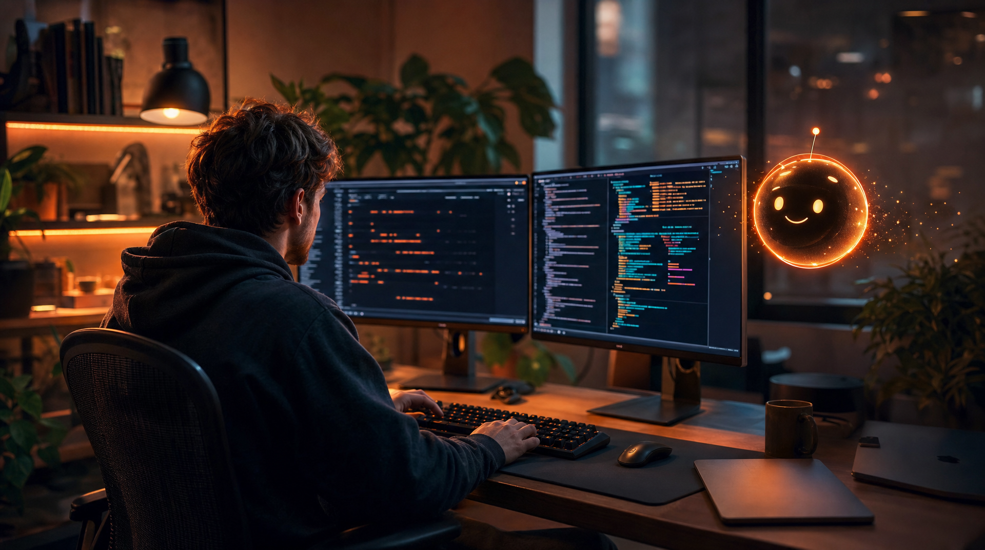 Developpeur en train de faire du vibe-coding avec un assistant IA en local sur deux ecrans