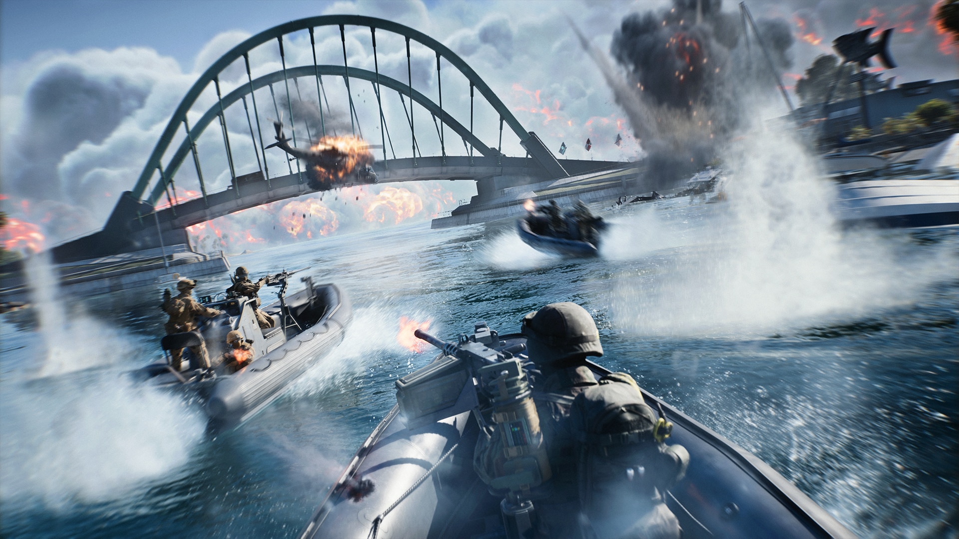 Patrouilleurs et hélicoptère en action près d'un pont dans Battlefield 6 Saison 4