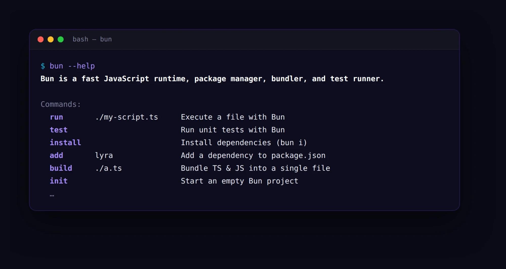 Terminal affichant la sortie de la commande bun --help : Bun is a fast JavaScript runtime, package manager, bundler, and test runner, suivie de la liste des commandes run, test, install, add, build et init.