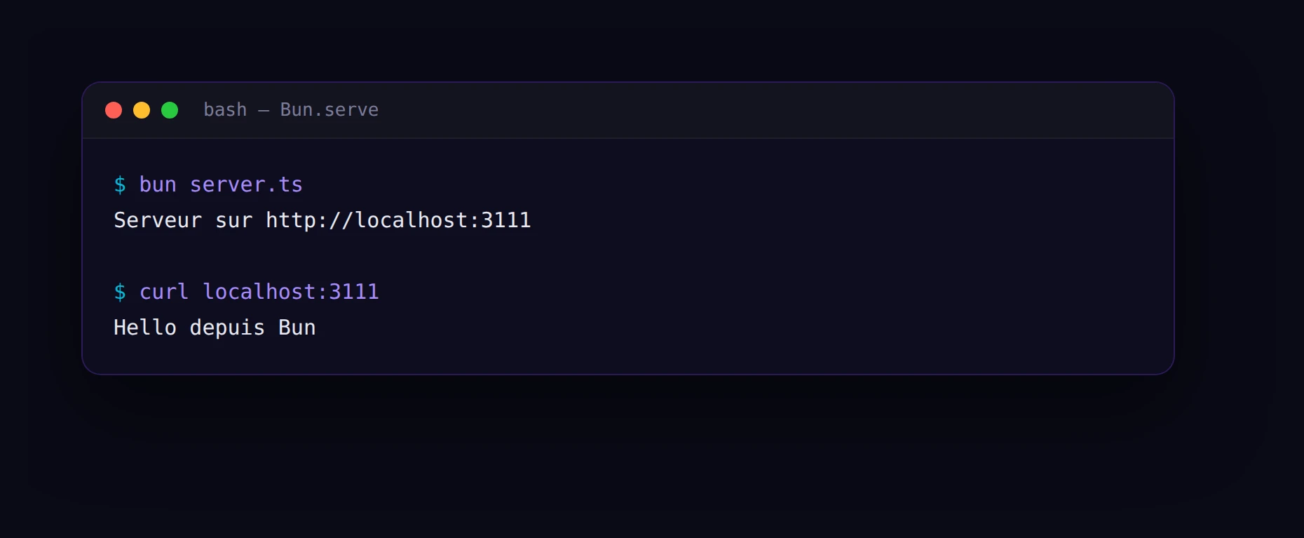 Terminal où la commande bun server.ts démarre un serveur sur http://localhost:3111, puis curl localhost:3111 renvoie la réponse Hello depuis Bun.