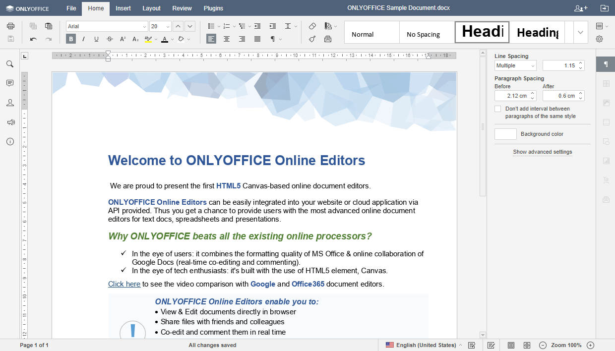 Éditeur de documents ONLYOFFICE avec son interface à onglets