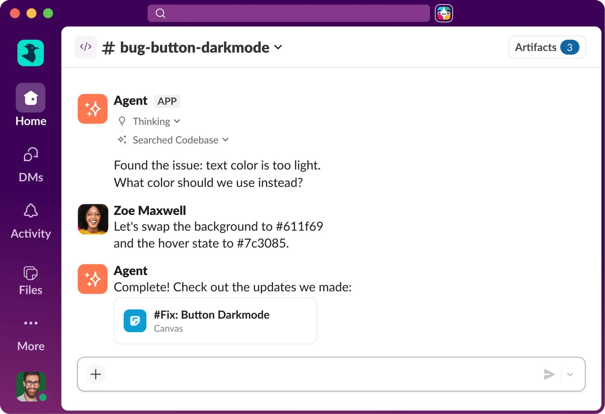 Interface d'un canal de code Slack montrant un diff CSS et les echanges entre l'agent et l'equipe
