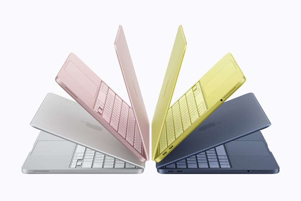 MacBook Neo dans ses quatre coloris argent, blush, citrus et indigo
