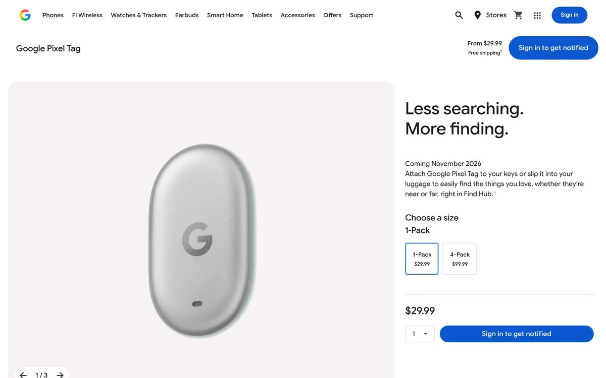 Fiche produit officielle du Google Pixel Tag sur le Google Store : boîtier ovale gris clair avec logo G, mention « Coming November 2026 », prix de 29,99 dollars à l'unité et 99,99 dollars par pack de quatre