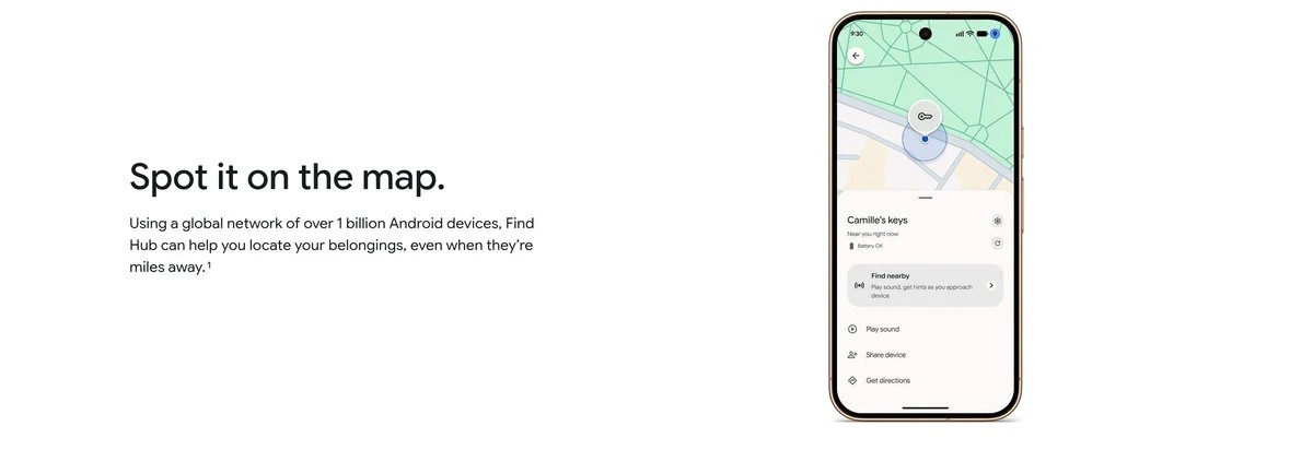 Section du site officiel montrant le Pixel Tag posé sur une table à côté d'un porte-cartes en cuir, avec le texte « Designed for life on the move »