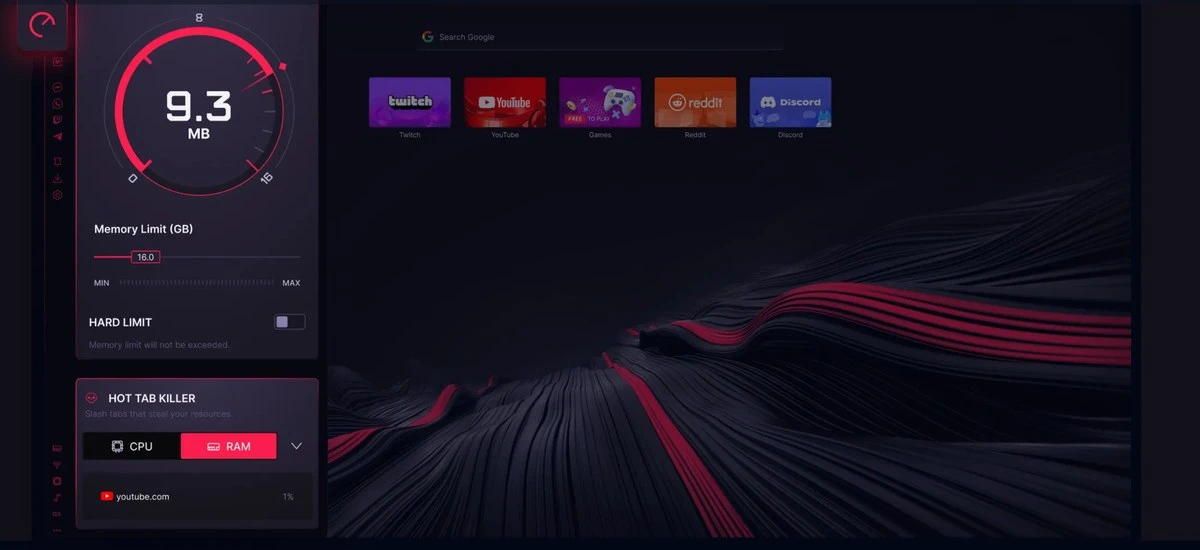 Panneau GX Control : jauge de RAM, curseur Memory Limit réglé à 16 Go, interrupteur Hard Limit et module Hot Tab Killer classant les onglets par CPU ou RAM