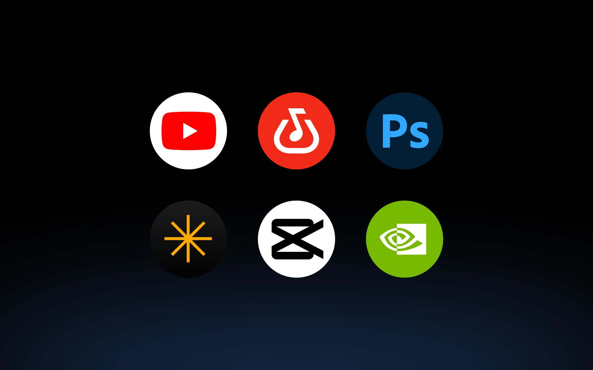Icônes des applications offertes avec les Googlebook : YouTube, BandLab, Adobe Photoshop, Luminar, CapCut et NVIDIA