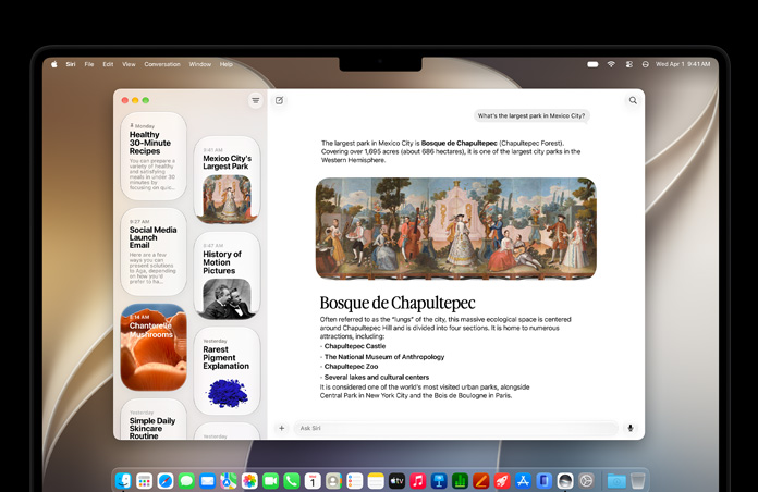 MacBook Pro affichant l'application Siri avec une conversation Siri AI et l'historique dans la barre latérale
