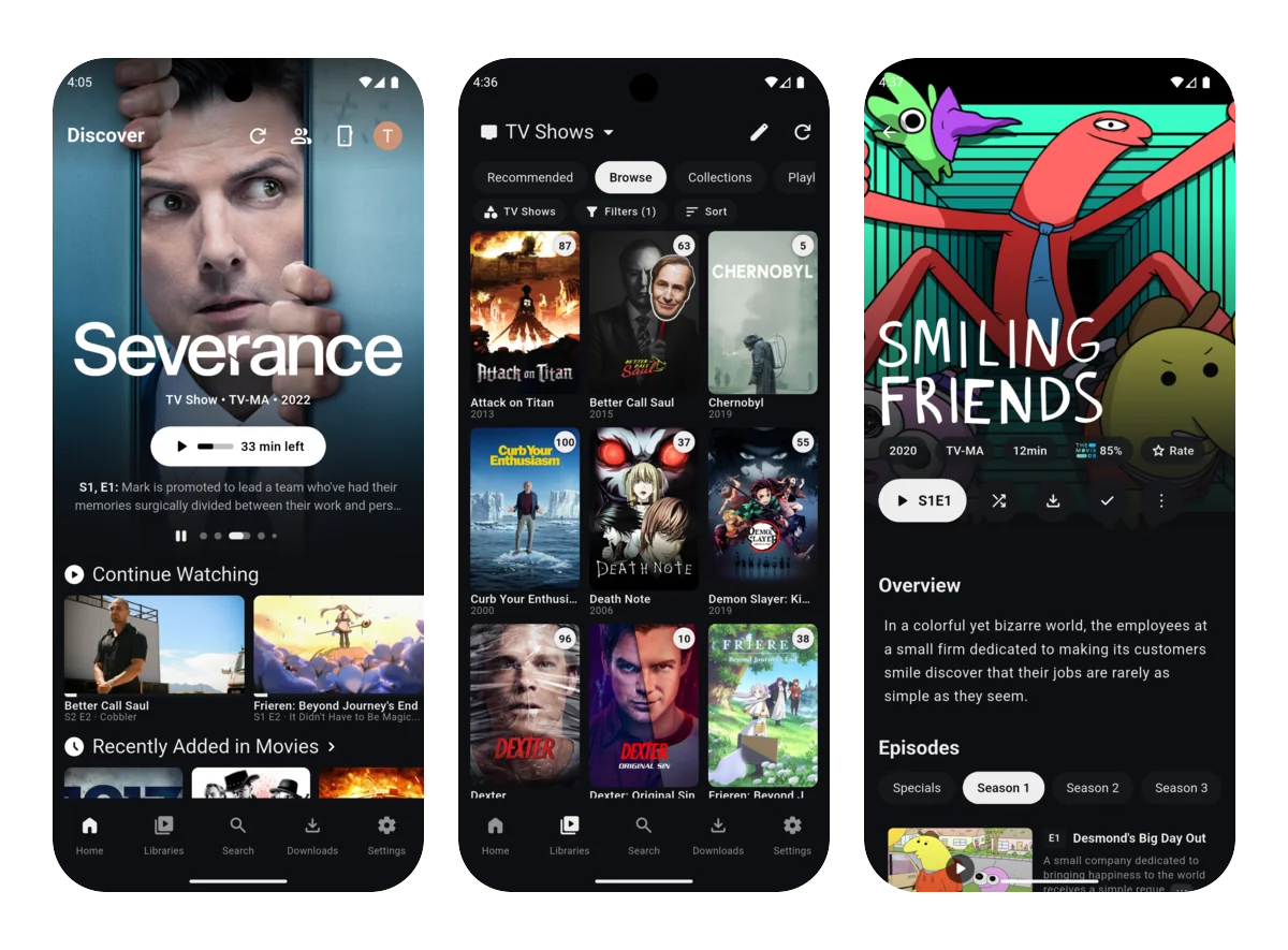 Captures d'écran de Plezy sur mobile : accueil, bibliothèque et fiche d'un film