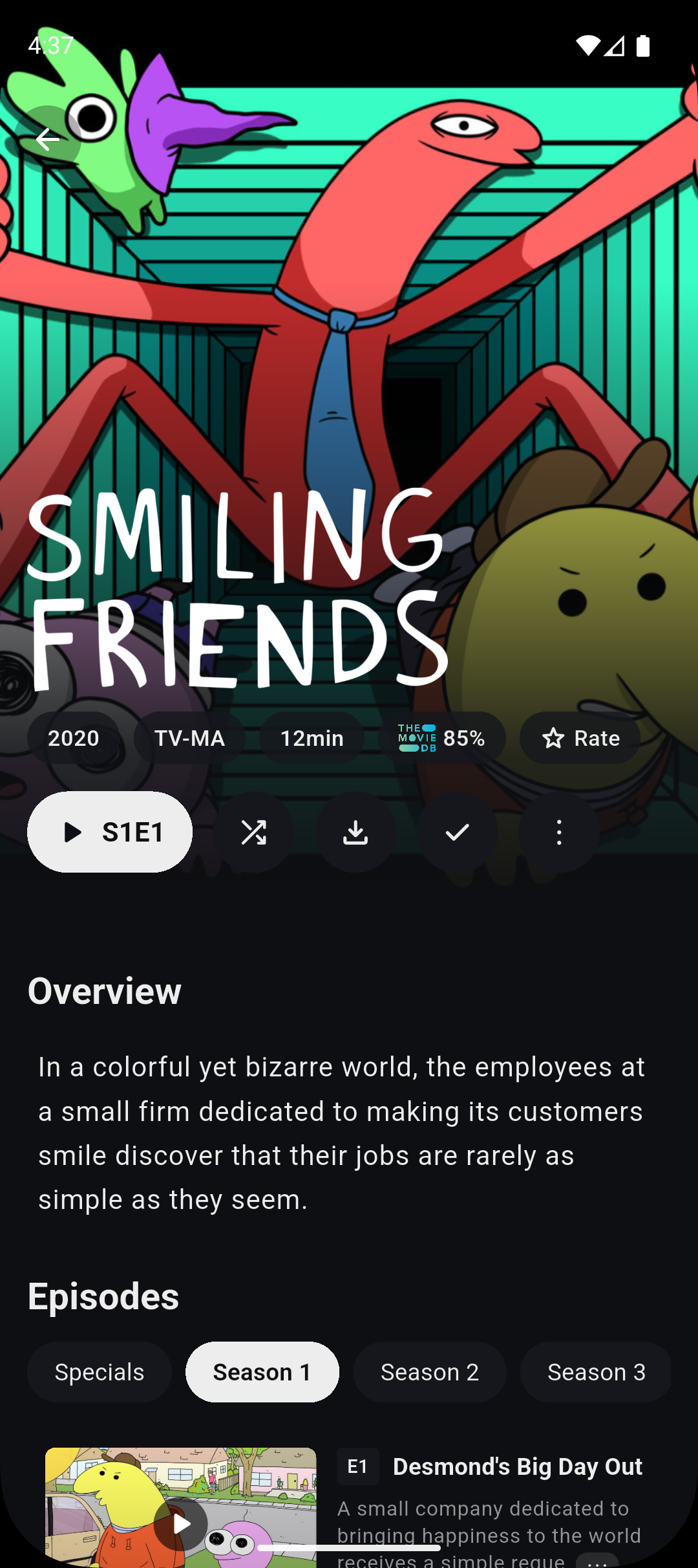 Page de détails d'un film dans Plezy sur téléphone