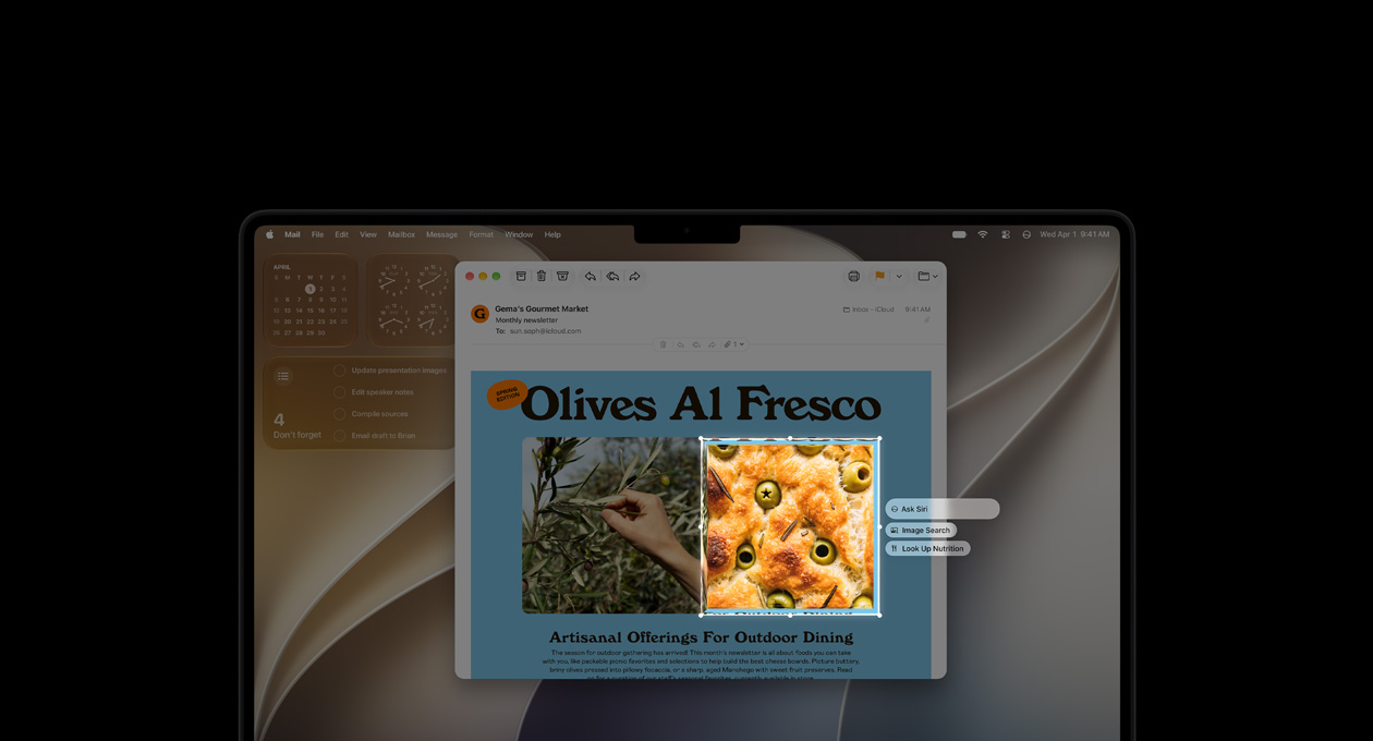 MacBook Pro affichant une démonstration de Visual Intelligence sur un e-mail contenant des photos de plats